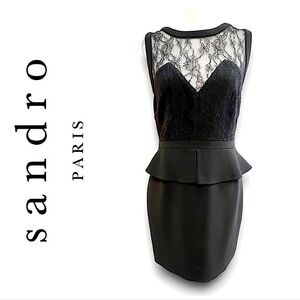 SANDRO Sleeveless Black Sheer Lace Sweetheart Neckline Peplum Cocktail Dress SZ1